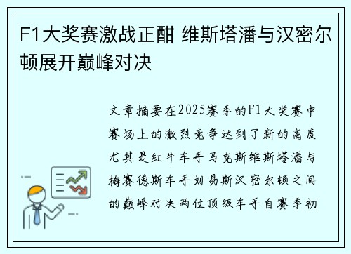 F1大奖赛激战正酣 维斯塔潘与汉密尔顿展开巅峰对决 F1大奖赛激战正酣 维斯塔潘与汉密尔顿展开巅峰对决