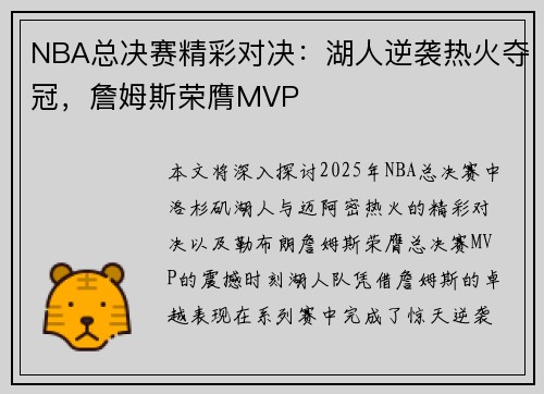 NBA总决赛精彩对决：湖人逆袭热火夺冠，詹姆斯荣膺MVP